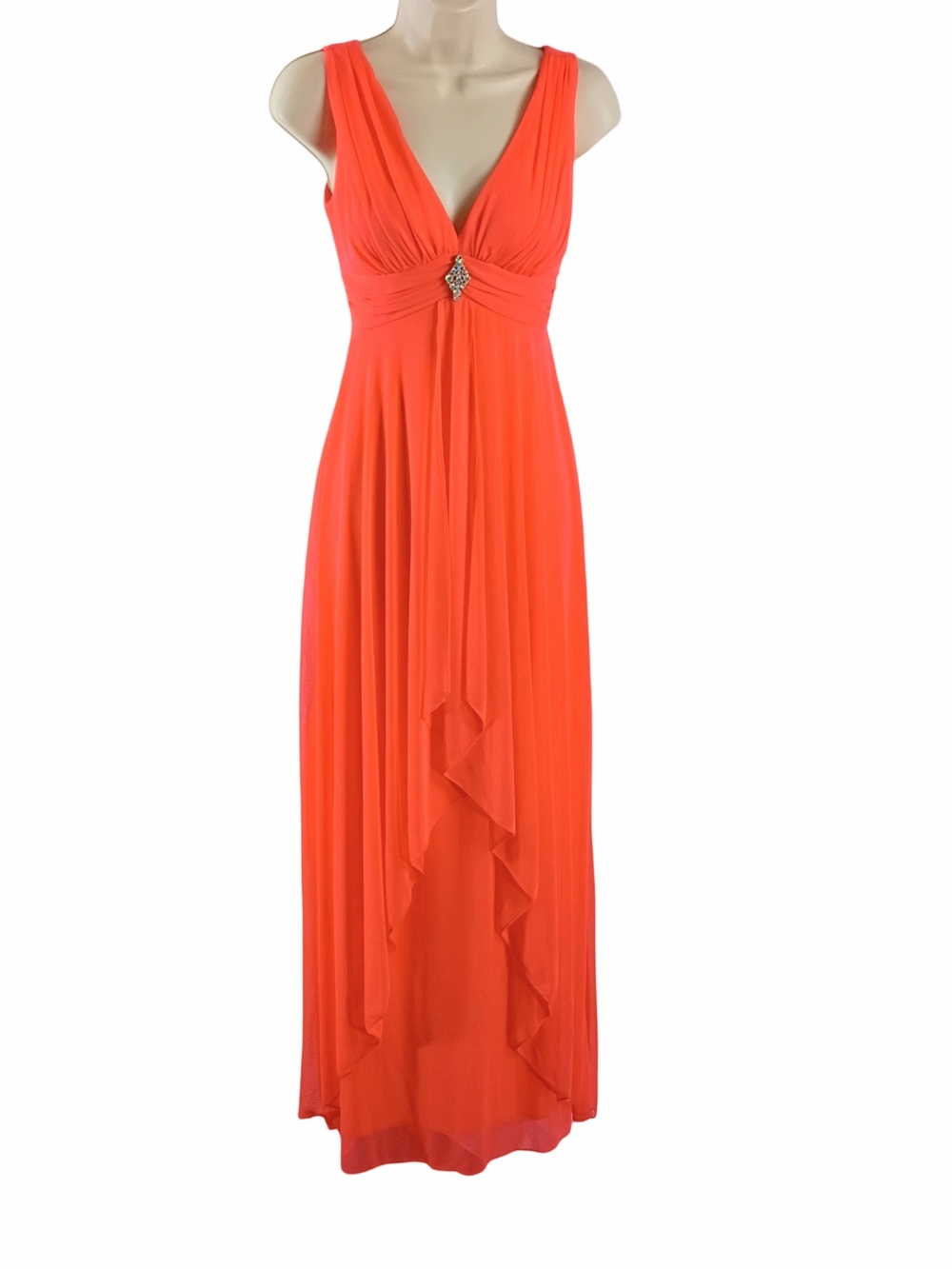 Sleeveless V-Neck Coral Maxi Dress with Cut Out Back And Rhinestone Accent